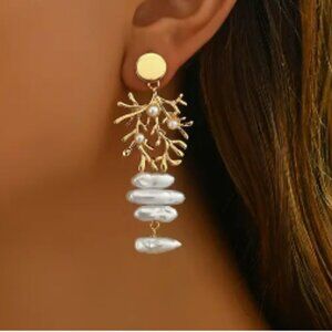 Gold plated and Faux Pearl Dangle Earrings coral branch
